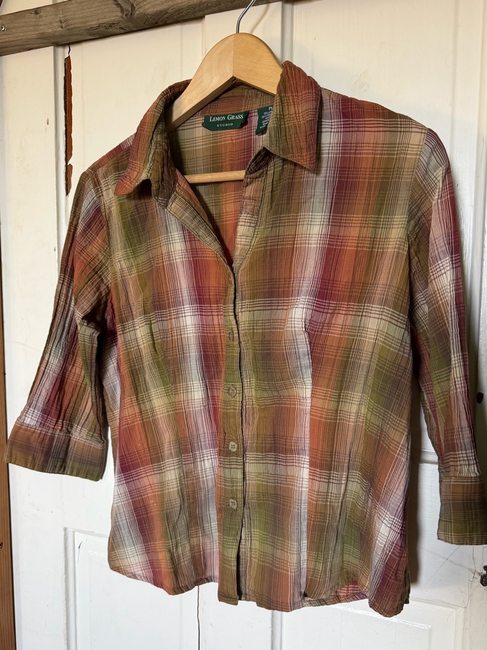 Lemon Grass Studio Plaid Shirt Petite L Fall Autumn Earth Tone 90s Y2K